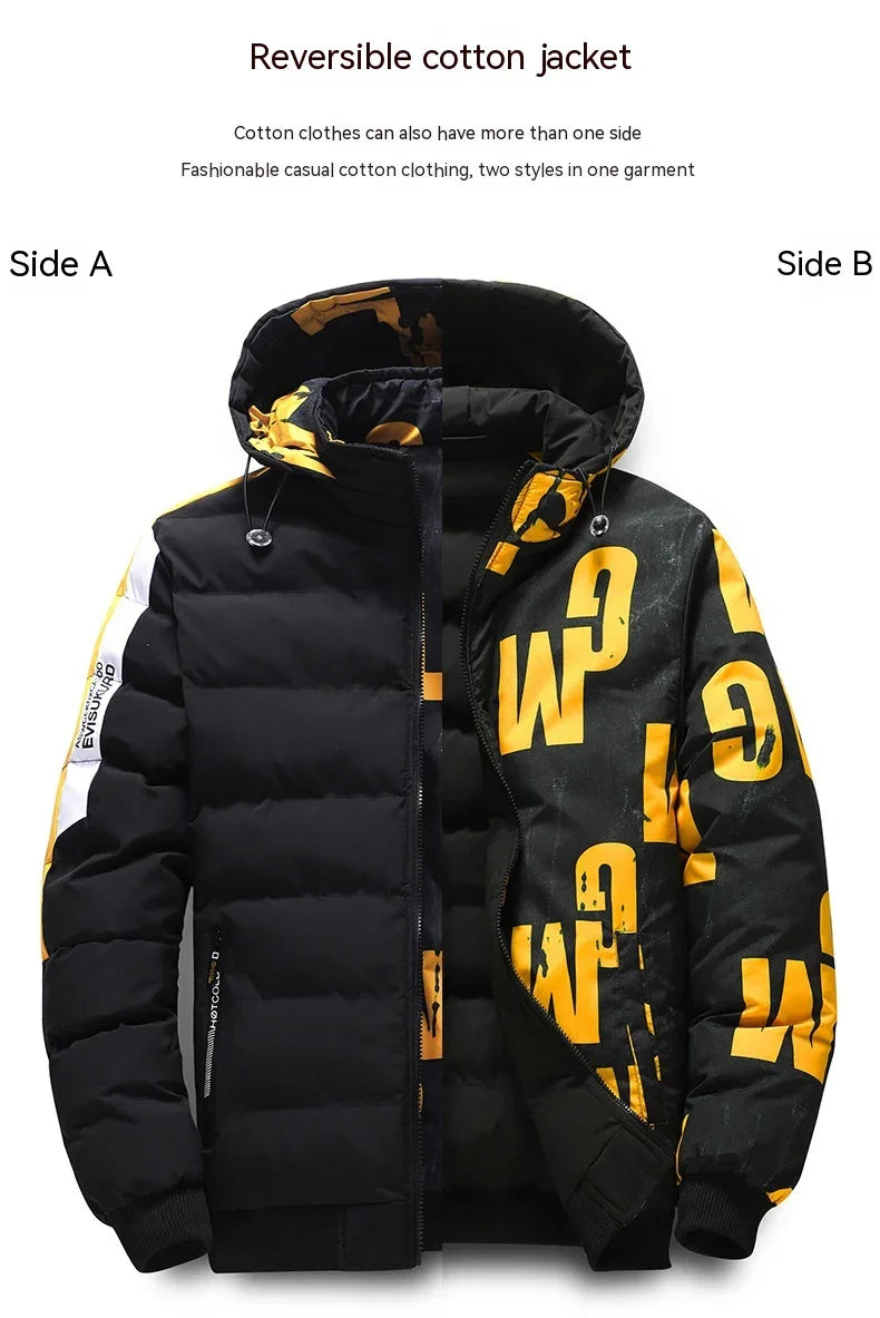 Reversible cotton jacket with black padded side and black side with bold yellow graphic print, hooded design