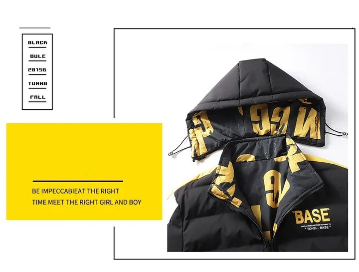 Black and yellow padded jacket with detachable hood featuring bold yellow text design and BASE logo