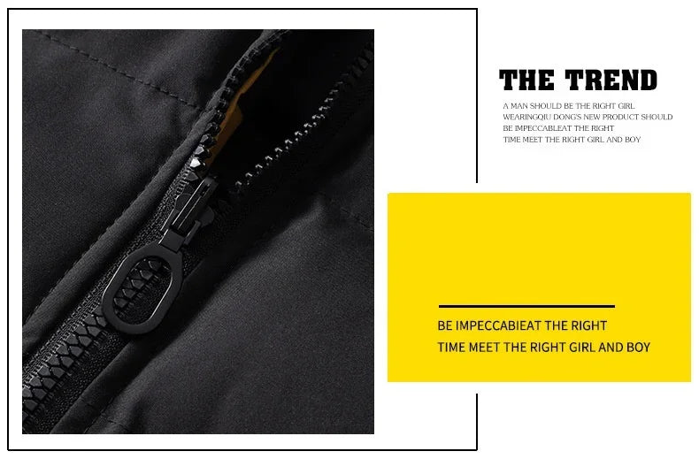 Close-up of black zipper on black jacket fabric with text 'The Trend' and yellow highlight box