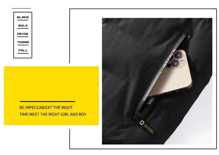 Gold smartphone partially inside black jacket zipper pocket with white text on zipper pull