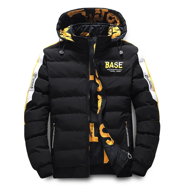 Black padded winter jacket with hood, yellow and white sleeve stripes, and BASE logo on chest