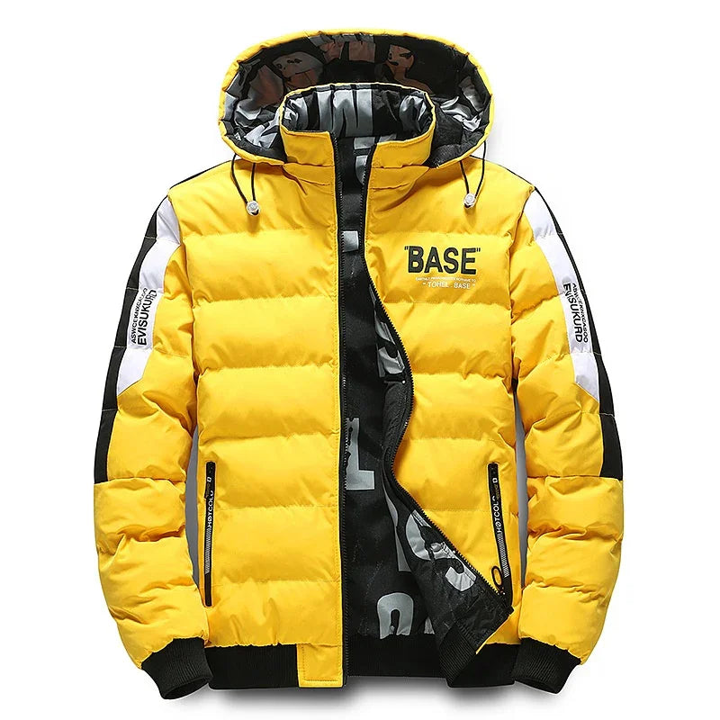 Yellow puffer jacket with hood, black zipper, and graphic text on chest and sleeves