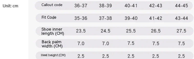 Shoe size chart in centimeters with callout code, fit code, inner length, back palm width, and heel height measurements