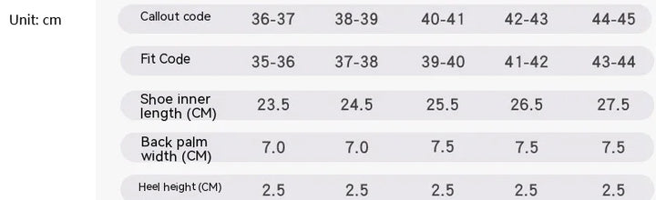 Shoe size chart in centimeters with callout code, fit code, inner length, back palm width, and heel height measurements