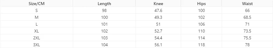 Size chart for pants showing measurements in centimeters for length, knee, hips, and waist across sizes S to 3XL.
