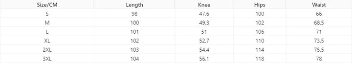 Size chart for pants showing measurements in centimeters for length, knee, hips, and waist across sizes S to 3XL.