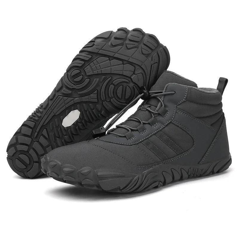 Black high-top hiking shoes with textured rubber soles and secure lace lock system