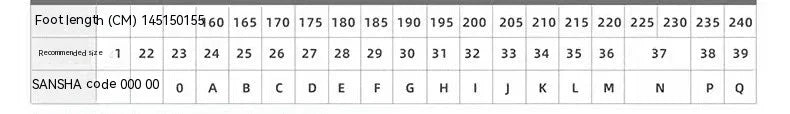 Foot length size chart in cm with recommended sizes and Sansha codes from 145 to 240 cm
