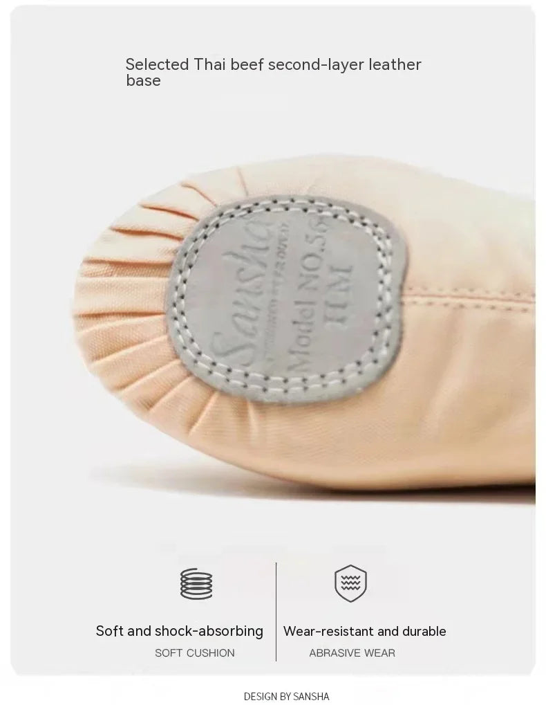 Close-up of beige ballet shoe with soft, shock-absorbing Thai leather sole padding, durable design