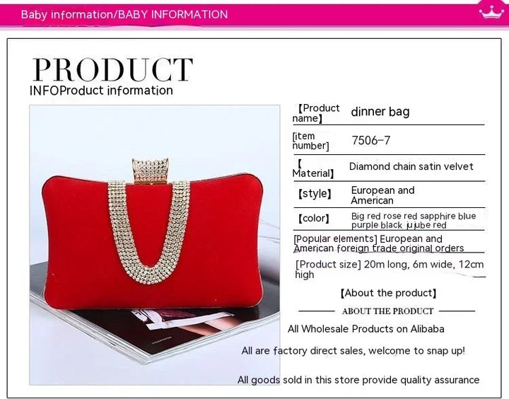 Red satin dinner bag with diamond chain decoration and jeweled clasp on white background