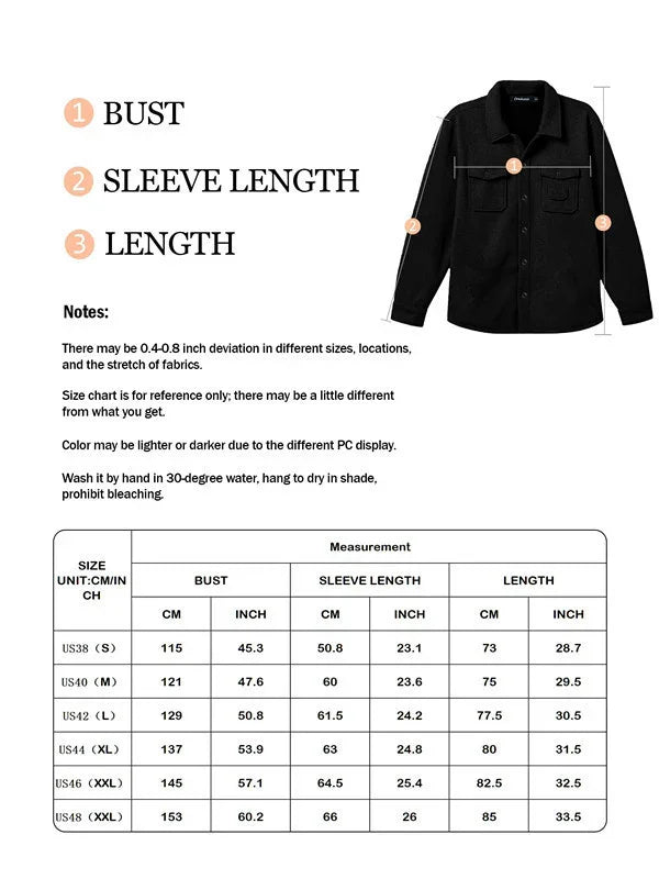 Size chart for black men's shirt showing bust, sleeve length, and overall length measurements in cm and inches