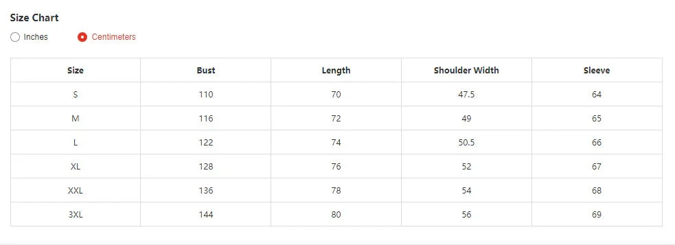 Size chart in centimeters showing bust, length, shoulder width, and sleeve measurements for sizes S to 3XL