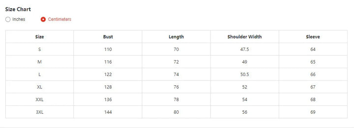 Size chart in centimeters showing bust, length, shoulder width, and sleeve measurements for sizes S to 3XL