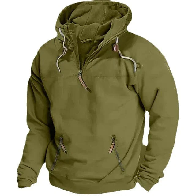 Olive green hooded pullover jacket with front zipper, drawstrings, and zippered pockets