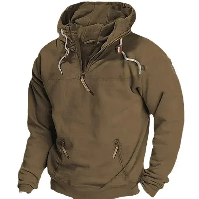 brown pullover hoodie with front zipper, adjustable hood with drawstrings, and zippered pockets