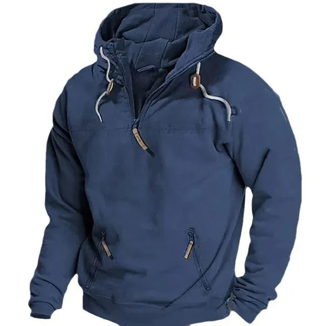 Navy blue pullover hoodie with drawstrings and zippered pockets, casual winterwear