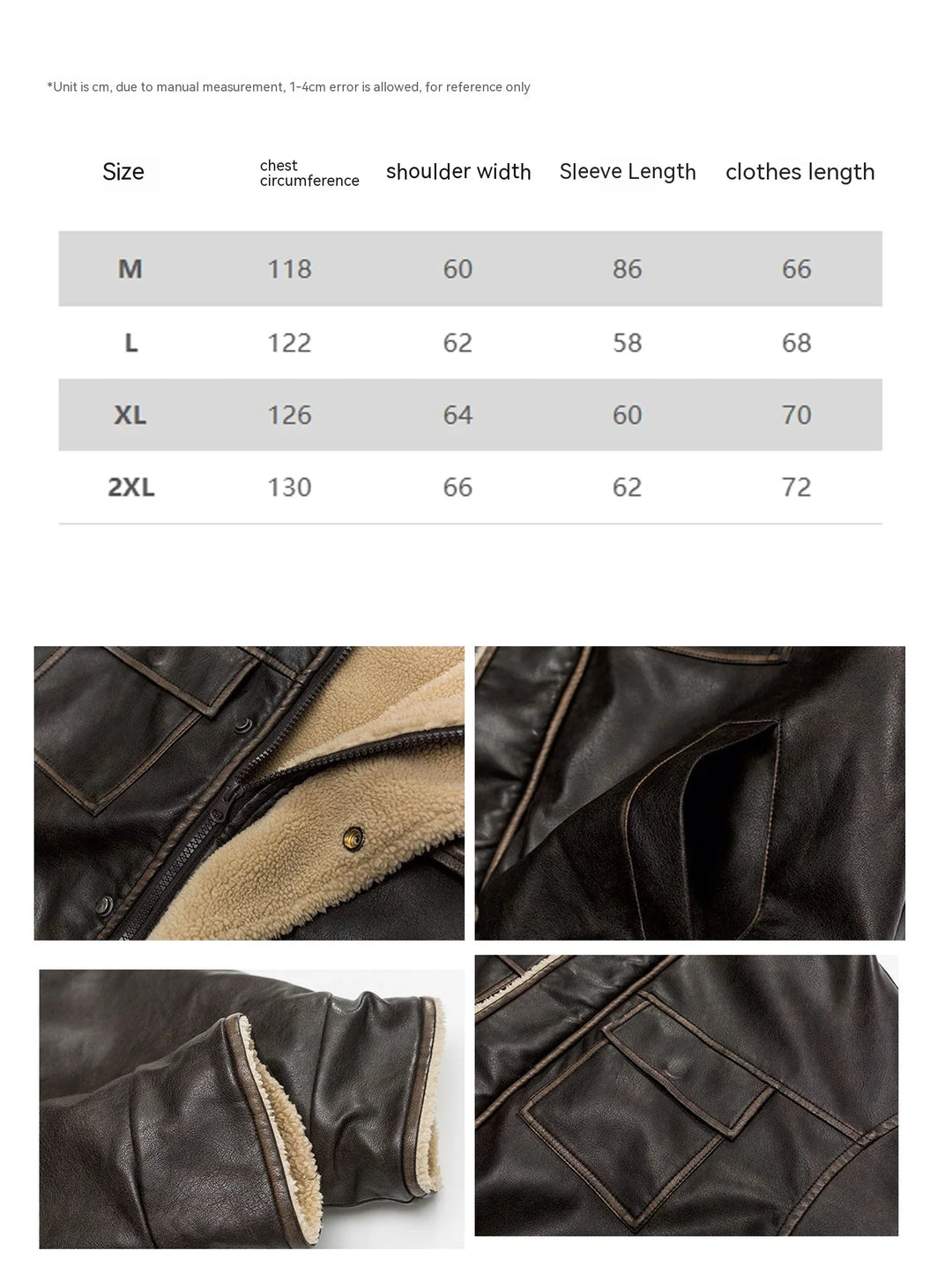 Size chart and close-up details of brown leather jacket with beige fleece lining and pocket design