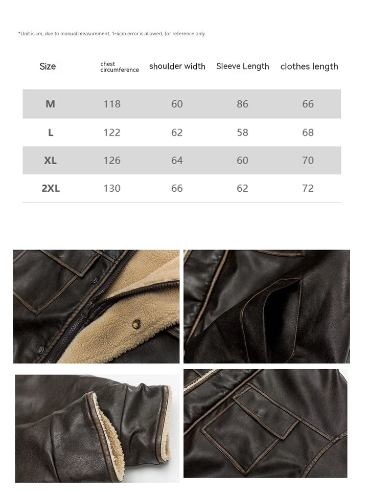 Size chart and close-up details of brown leather jacket with beige fleece lining and pocket design