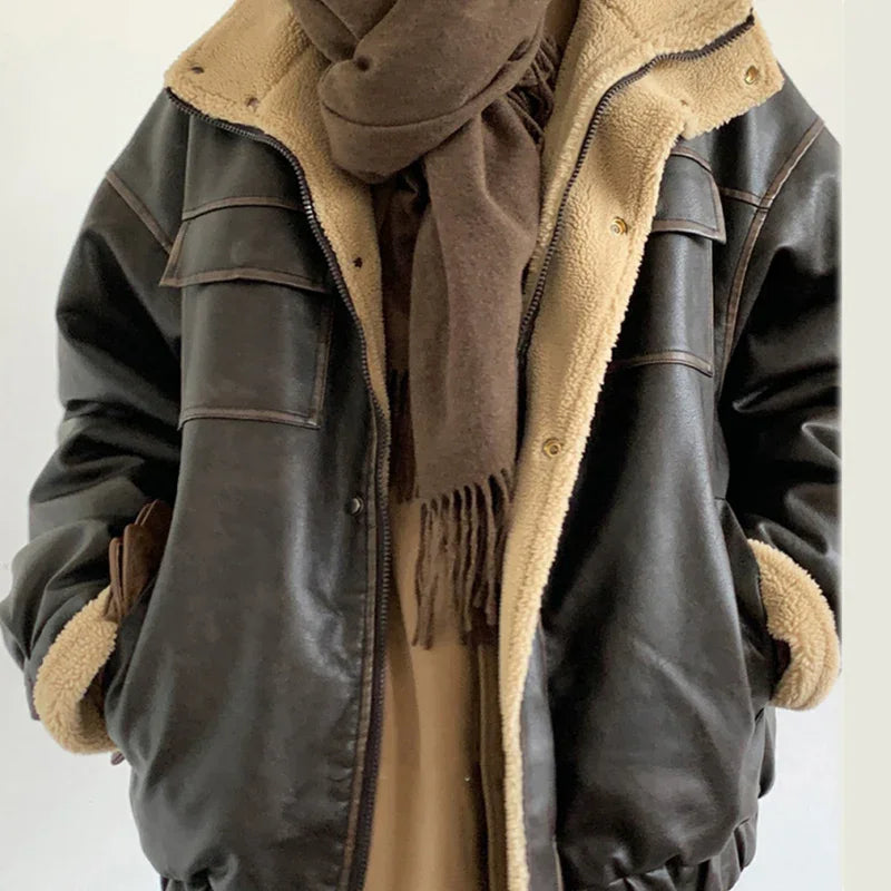 Close-up of black leather bomber jacket with beige fleece lining and brown scarf