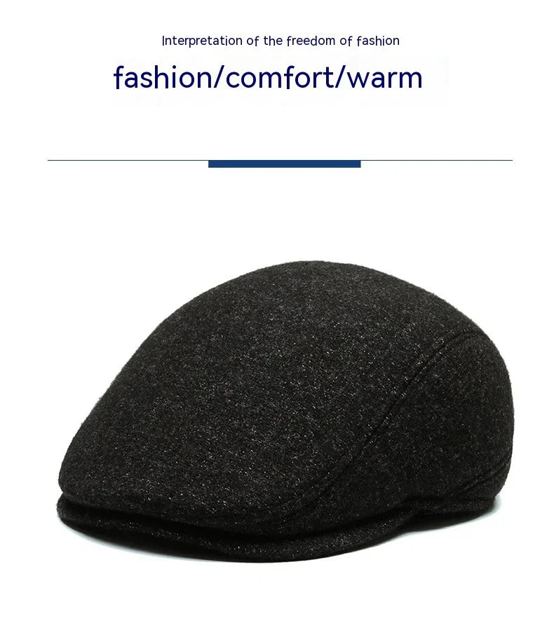 Black wool flat cap hat emphasizing fashion, comfort, and warmth