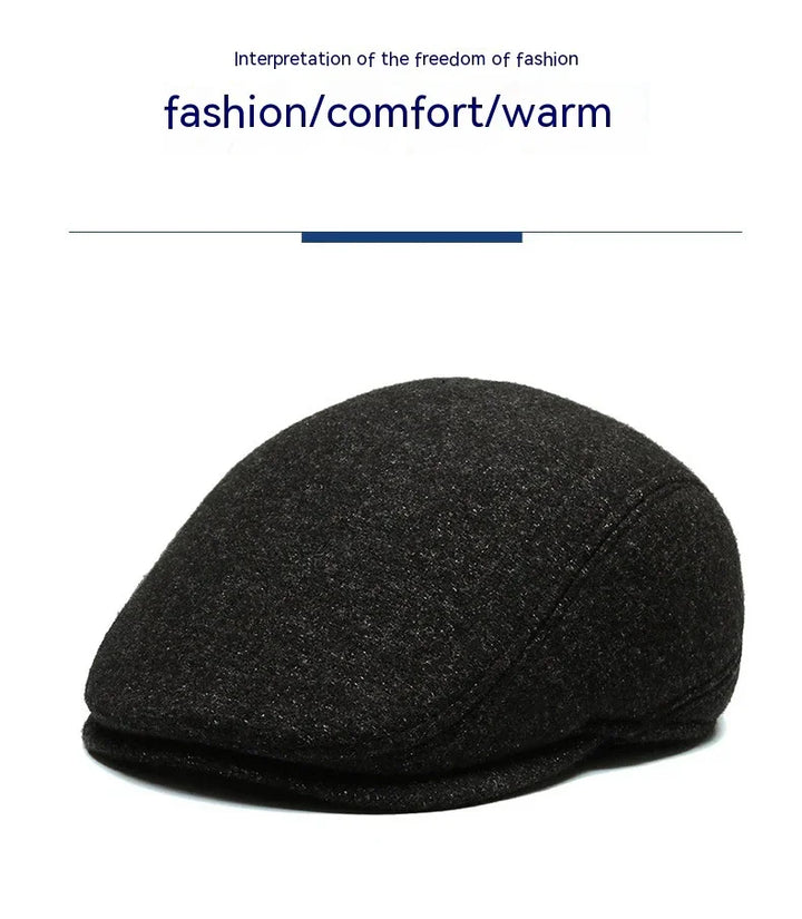 Black wool flat cap hat emphasizing fashion, comfort, and warmth