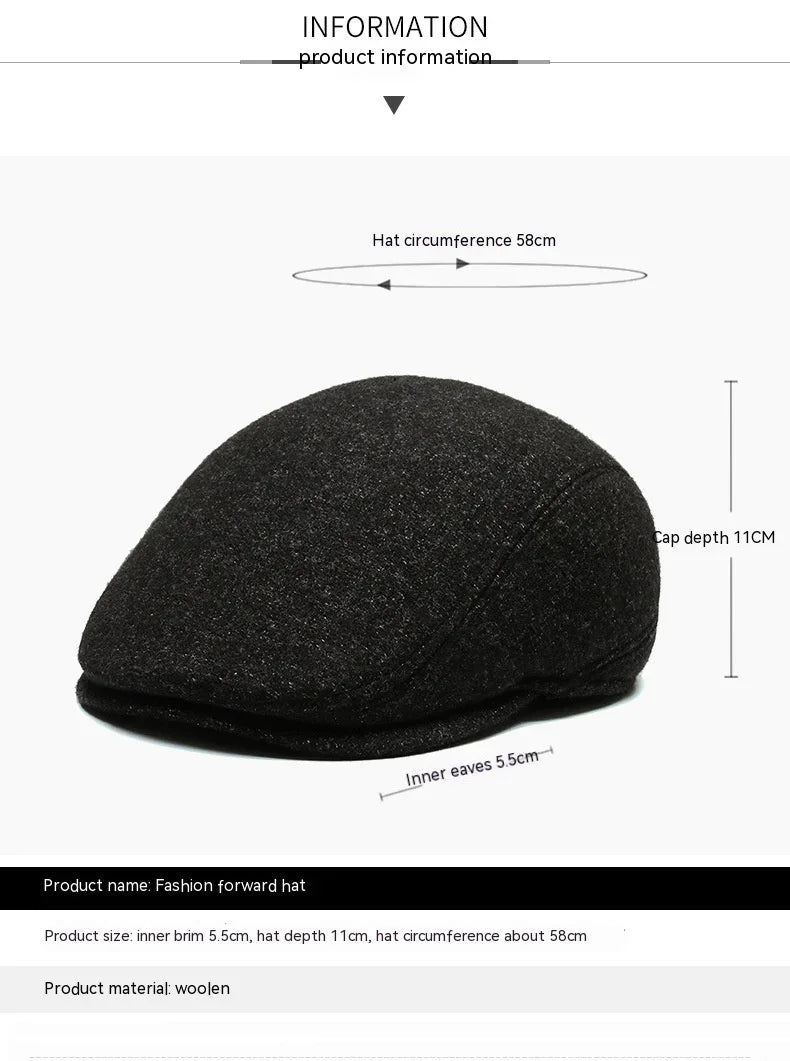 Black woolen fashion forward hat with 58cm circumference and 11cm depth on white background