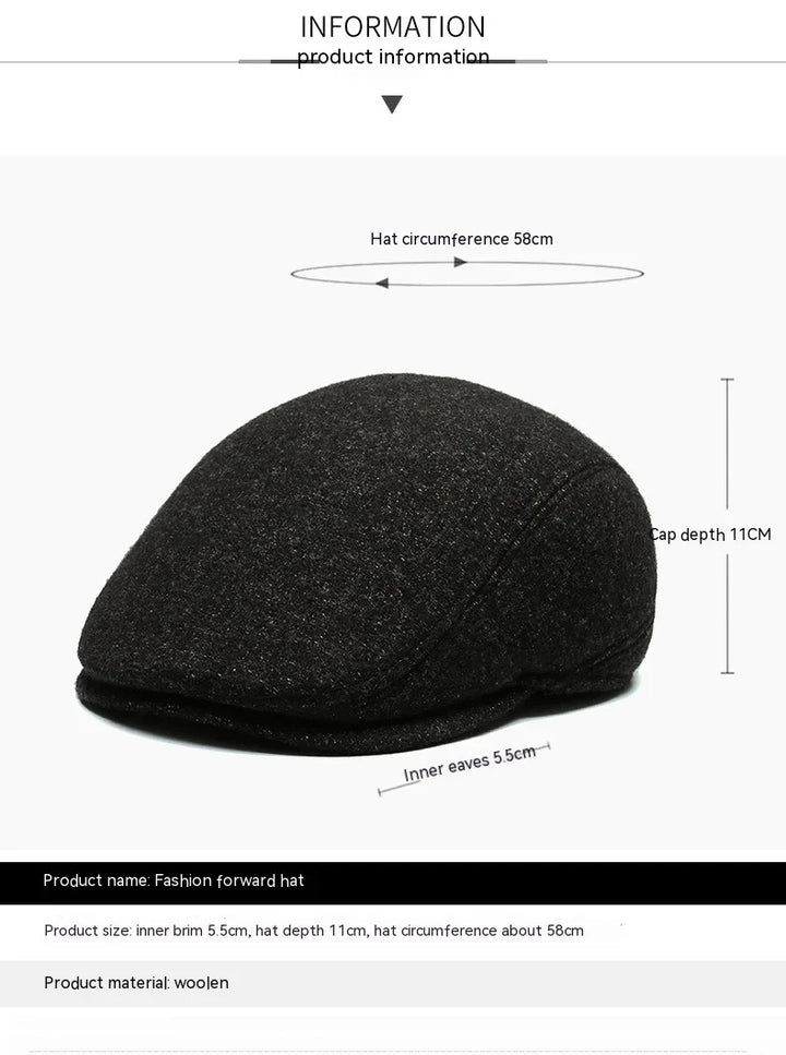 Black woolen fashion forward hat with 58cm circumference and 11cm depth on white background