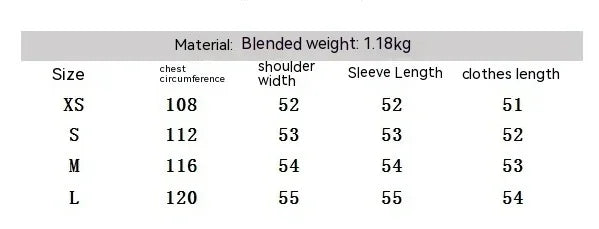 Clothing size chart listing chest, shoulder, sleeve length, and clothes length for XS to L sizes with blended weight 1.18kg