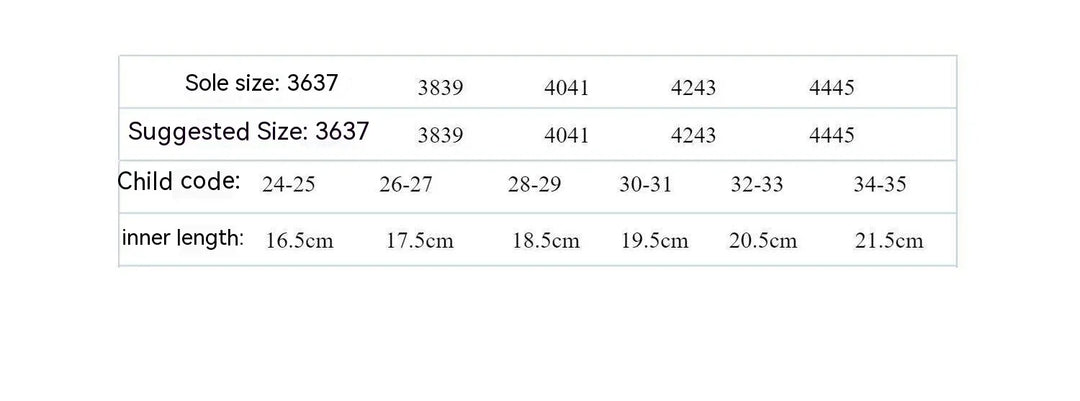 Children's shoe size chart showing sole sizes, suggested sizes, child codes, and inner length in cm