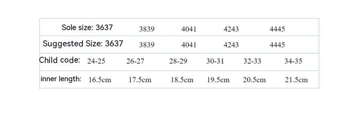 Children's shoe size chart showing sole sizes, suggested sizes, child codes, and inner length in cm