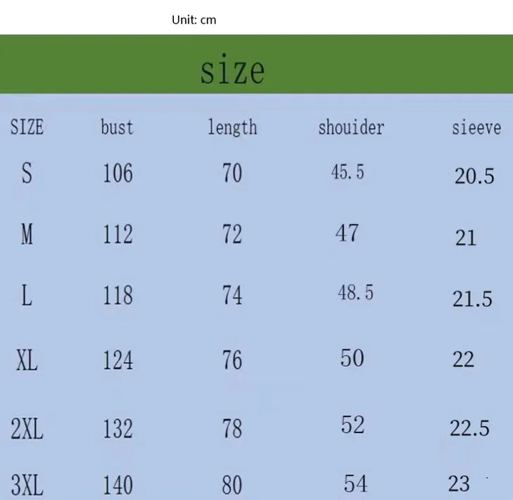 Clothing size chart in cm showing bust, length, shoulder, and sleeve measurements for sizes S to 3XL