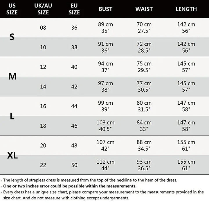 Size chart for women's strapless dresses with US, UK/AU, EU sizes and bust, waist, length measurements in cm and inches