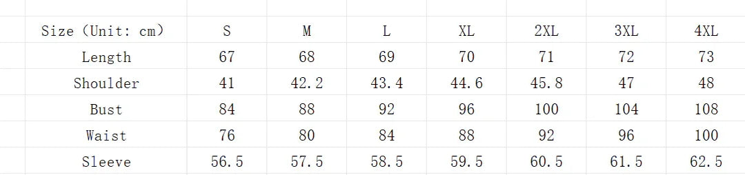Size chart table with measurements in cm for S to 4XL including length, shoulder, bust, waist, and sleeve