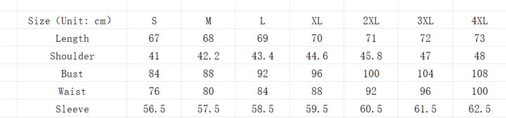 Size chart table with measurements in cm for S to 4XL including length, shoulder, bust, waist, and sleeve