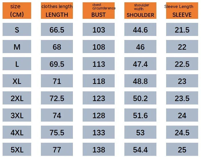 Clothing size chart in centimeters showing length, bust, shoulder width, and sleeve length from S to 5XL