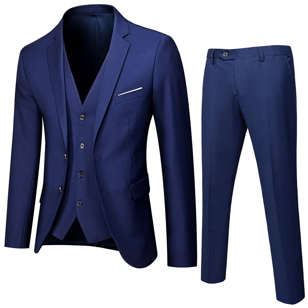 men's navy blue three-piece suit with blazer, waistcoat, and trousers