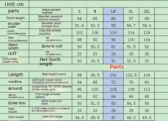 Detailed size chart table for apparel in centimeters showing measurements for front length, shoulder width, chest circumference, sleeve length, and waist size for sizes S to 2XL
