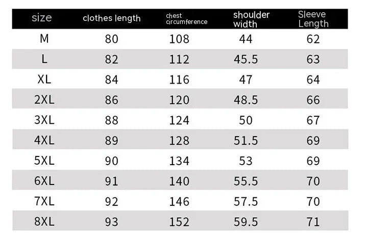 Clothing size chart for medium to 8XL with measurements for length, chest, shoulder width, and sleeve length