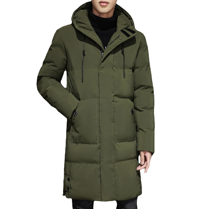 Men's olive green long winter puffer jacket with hood, pockets, and zipper closure