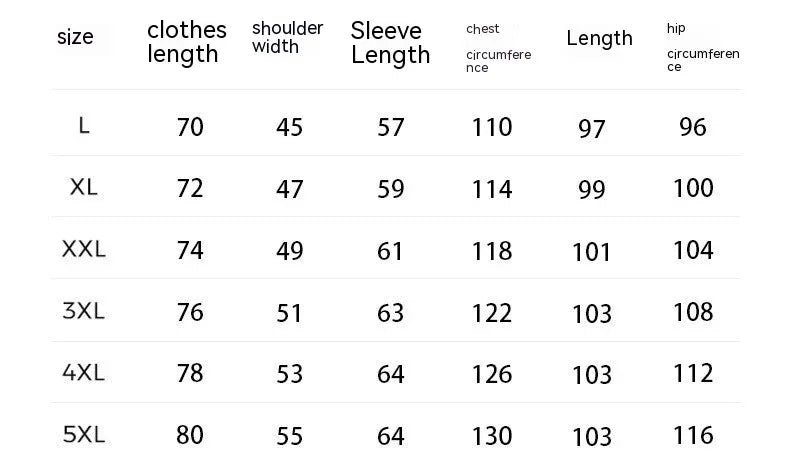 Size chart for men's shirts showing clothing length, shoulder width, sleeve length, chest, length, and hip circumference from size L to 5XL