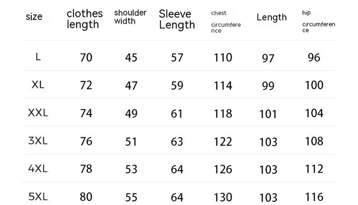 Size chart for men's shirts showing clothing length, shoulder width, sleeve length, chest, length, and hip circumference from size L to 5XL