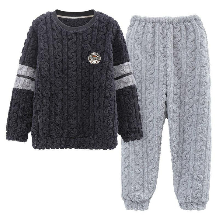 Two-piece cozy fleece loungewear set with cable knit texture, dark gray top and light gray pants