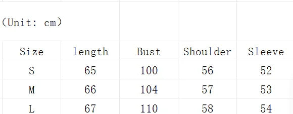 Size chart for clothing in centimeters showing length, bust, shoulder, and sleeve measurements for sizes S, M, and L