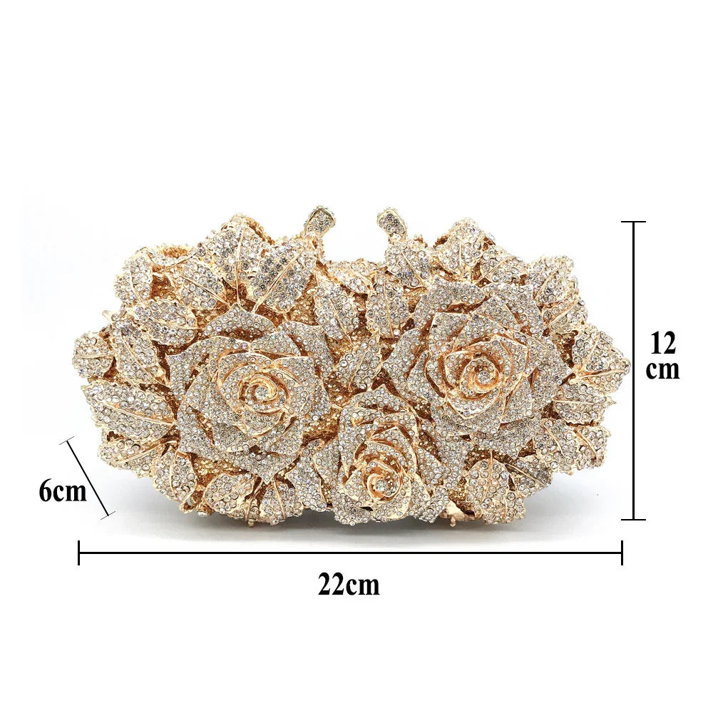 Gold floral clutch purse embellished with rhinestones, measuring 22cm by 12cm by 6cm