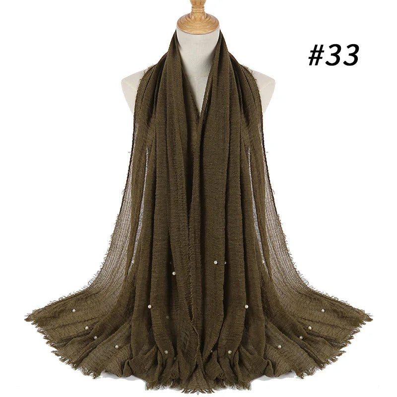 dark brown long textured scarf with small pearls on mannequin, fashion accessory #33
