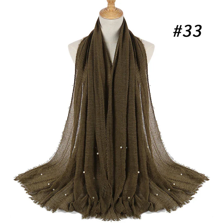 dark brown long textured scarf with small pearls on mannequin, fashion accessory #33