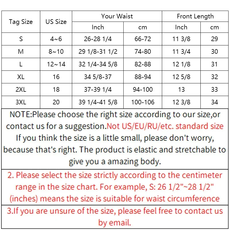 Women's clothing size chart with waist and front length in inches and cm, and sizing instructions.