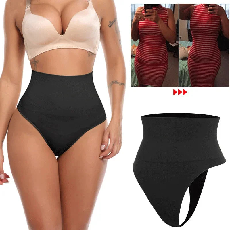 High waist black tummy control shapewear bodysuit with before and after slimming results.