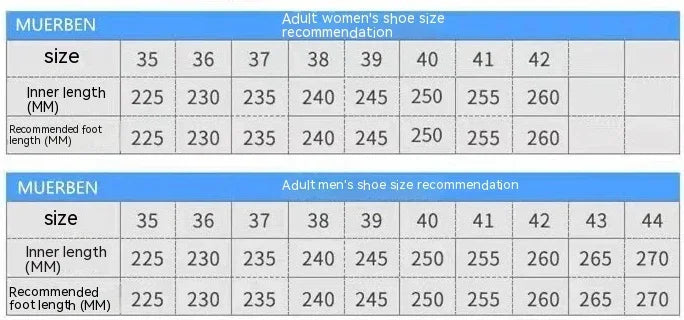 MUERBEN shoe size chart showing adult women’s and men’s shoe sizes with corresponding inner lengths and recommended foot lengths in millimeters