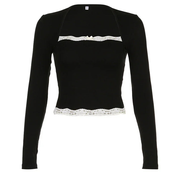 Black long sleeve cropped top with white lace trim and small bow detail
